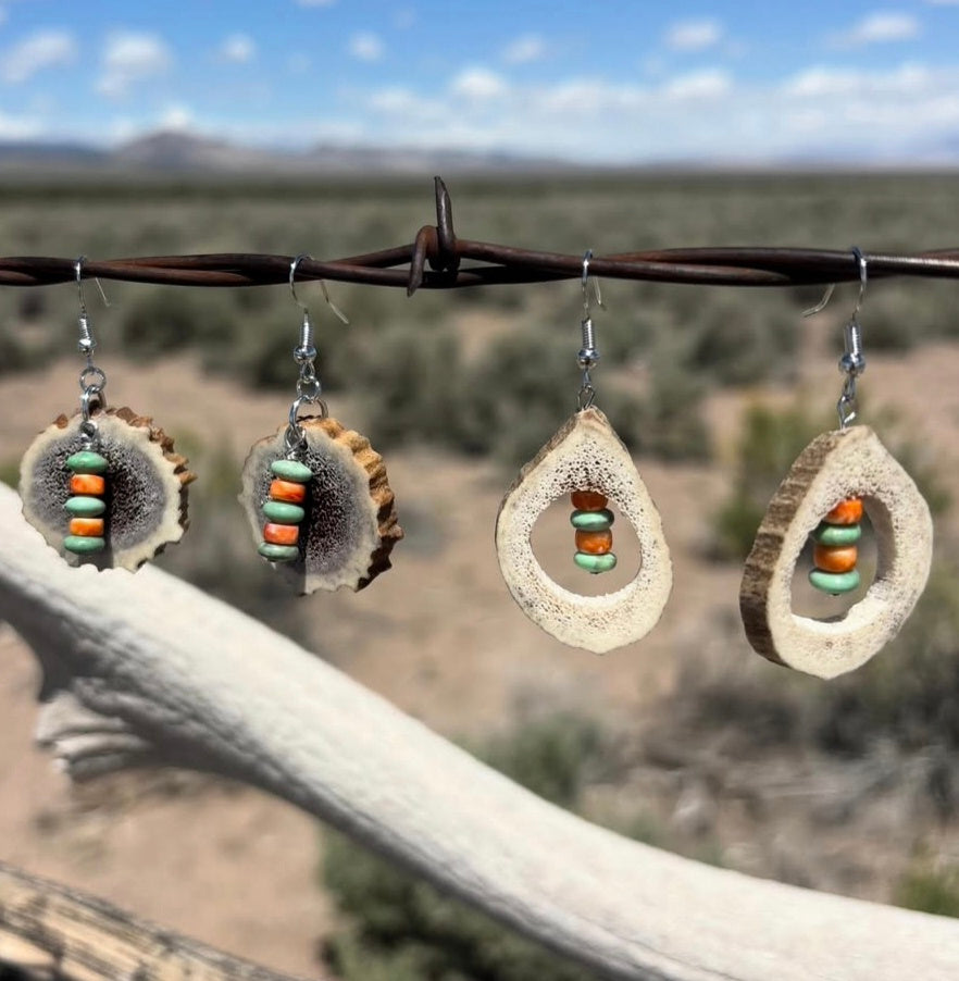 Genuine Elk Antler, turquoise and spiny oyster stone Earrings
